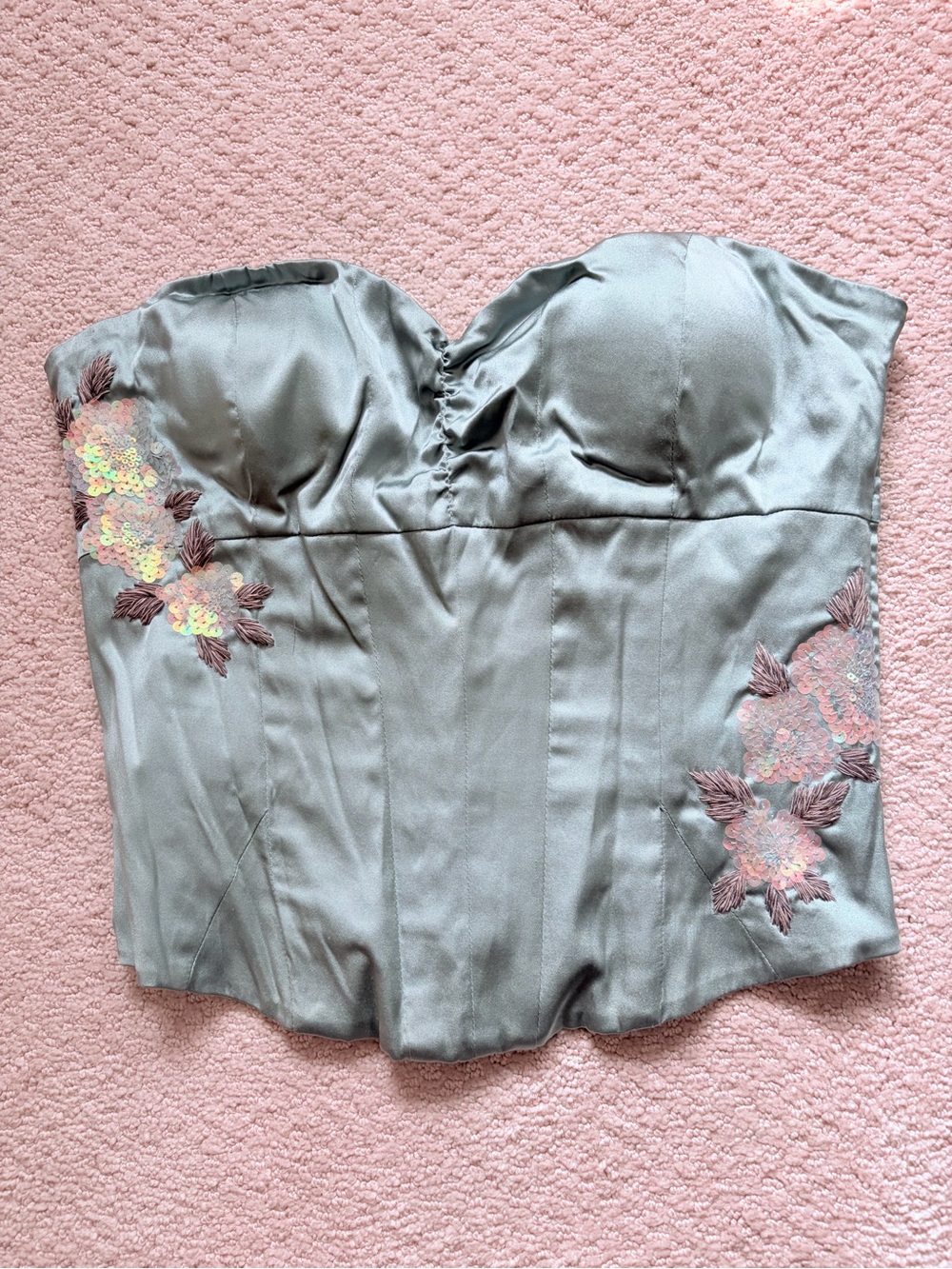 Vintage Y2K Arden B Luxe 100% Silk Embroidered Corset Top Sage Green Sequins